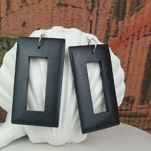 Windows To Your Soul Bold Black Rectangular Frame Wood Drop Earrings